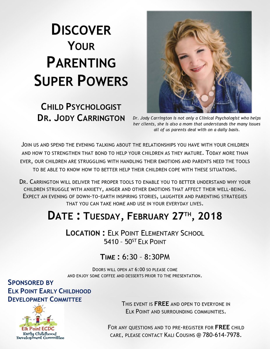 townofelkpoint's tweet photo. On February 27th, join Elk Point EC DC as they welcome Child Psychologist Dr. Judy Carrington.  "Discover your Parenting Powers" is a FREE event. https://t.co/EVuXcbDzMY