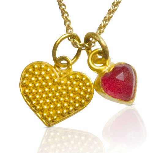 nancytroske's tweet image. Valentines Day treat!  Rose cut ruby heart and granulated heart paired in 22 karat gold.  #rosecut #rubyhearts #rubyrosecut #redgemstones #valentinesday #22karatgold #granulatedheart #granulation #artjewelry  #artisanmade #goldsmith #ancienttechniques #ancientinspiration