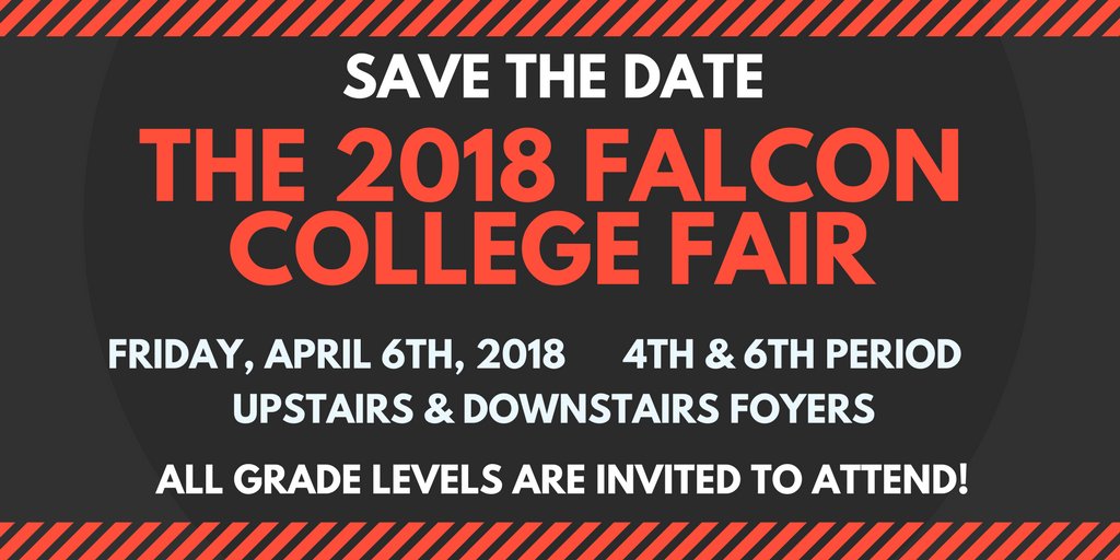 FalconsCCMRC's tweet photo. The 2018 Falcon College Fair is happening on Friday, April 6th during both lunches!!!! 🎓🤗👩‍🎓👨‍🎓 More details coming soon! @stevensco2018 @JPSHSCO19  @NHS20172018  @StevensHSAVID @JPSBoosterClub  @NISDStevensGT @ptejedaNISD @CounsdeptSHS @NISDSTEVENS https://t.co/vBtNTLUogZ