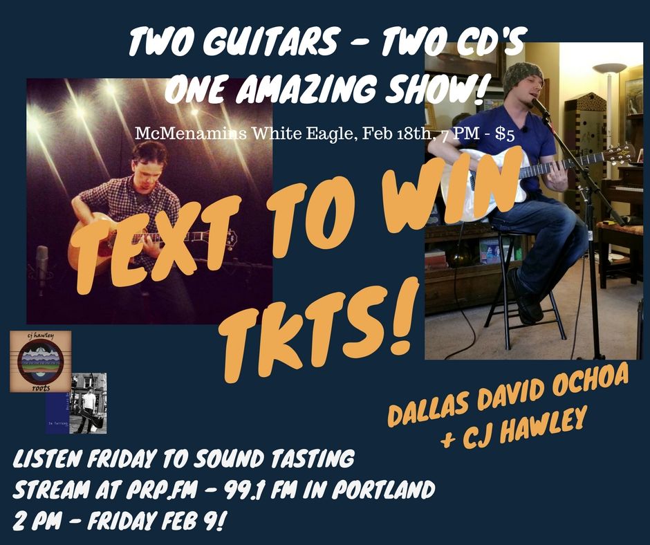 PdxJazzSinger's tweet photo. CJ Hawley / Dallas David Ochoa - Dual EP release w/ Dolan Leckliter - Text to Win Tickets!!! What?! Tune in to Sound Tasting, THIS Friday - 2 PM, for your chance to win tickets, CDs and a McMenamins gift card for the show (Feb 18)! #SoundTastingPDX #PortlandRadioProject https://t.co/1uDzb3tMCw