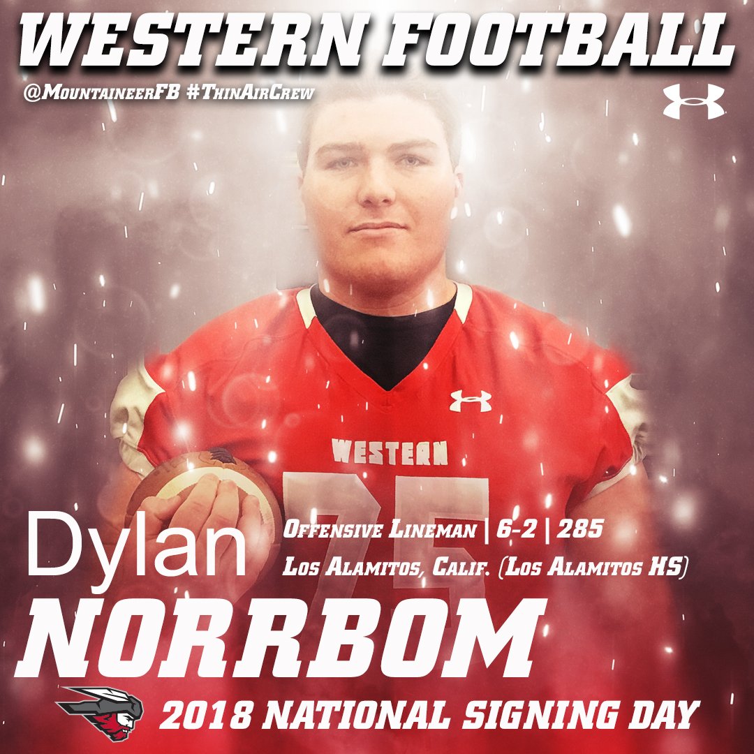 WCUMountaineers's tweet photo. Welcome Dylan Norrbom as the newest member of the @MountaineerFB team! #MountUp #SigningDay18 #ThinAirCrew https://t.co/slXgDIqIpE https://t.co/y5aCj4LR2A