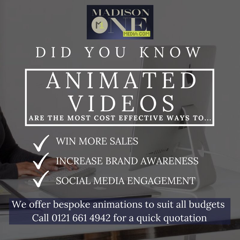 MadisonOneMedia's tweet image. Discover the Power of Animated Videos. Did you Know Animated Videos are the Most Cost Effective way to... 
-Win More Sales
-Increase Brand Awareness 
-Social Media Engagement
Madison One Media Offer Bespoke Animations to Suit all Budgets- 
Call 0121 661 4942 for a Quick Quotation