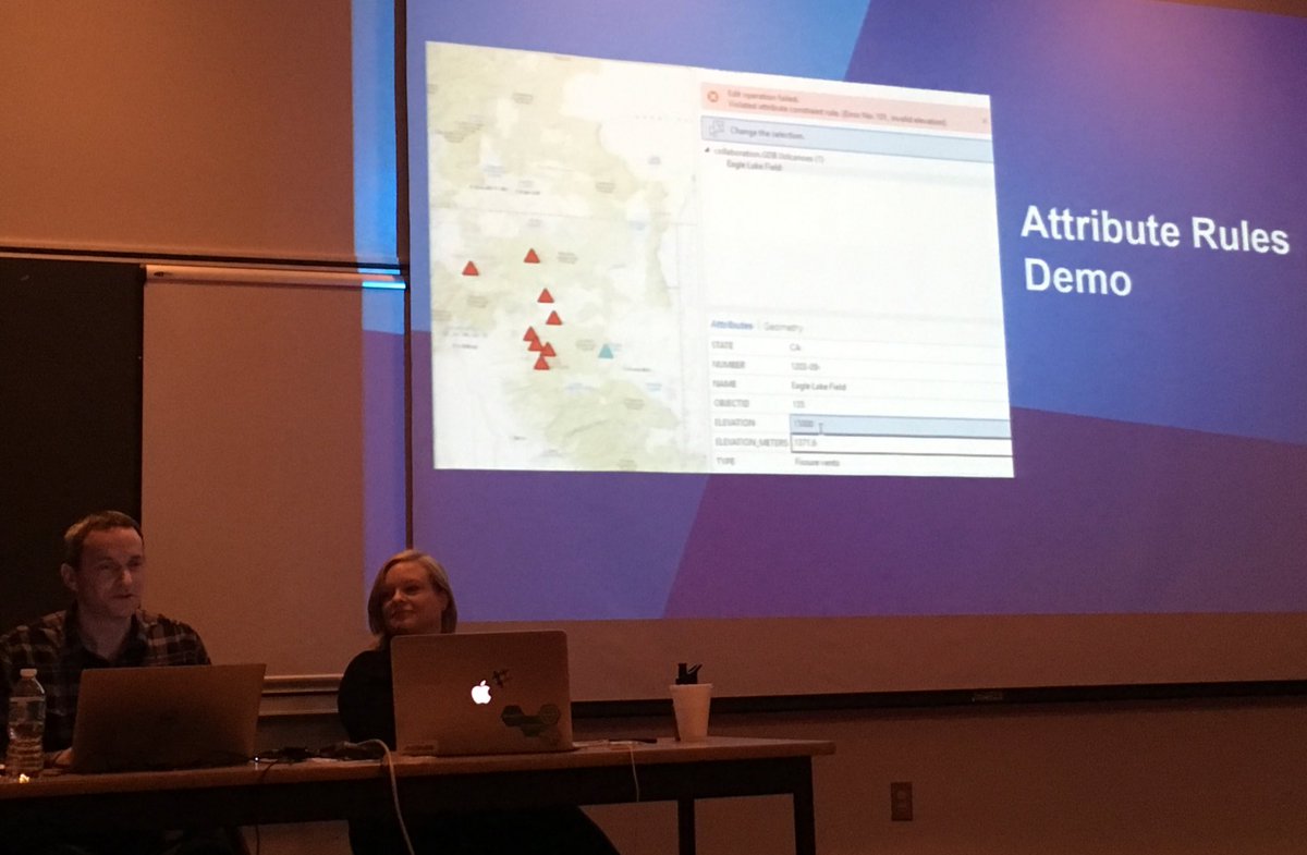 DaveAtCOGS's tweet photo. Today's demos for #COGS students by @Esri's Heather & Gary include #AttributeRules, #WorkforceForArcGIS, & many "where we are going" topics. #ThankYou for being here:) https://t.co/ycd6y0Gyma