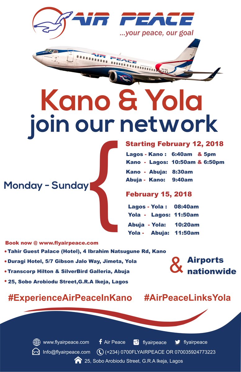 flyairpeace's tweet photo. Countdown ⏲️to our #NorthernAccess #Kano February 12, 2018 &amp; #Yola  February 15, 2018  @ubongking @mamajsaviation @Afritraveller @LOSairport @abujaairport_ #ExperienceAirPeaceInKano #AirPeaceLinksYola. https://t.co/w3Uyc7m6Ss