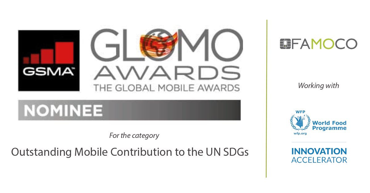 famoco's tweet photo. Proud to be nominated for the #GSMA’s #GLOMO Awards, for our project with the #WFPInnovationAccelerator to revolutionize the impact of food assistance.
#MWC2018 #UNSDGs #zerohunger #techforgood https://t.co/l35C6GWHD0