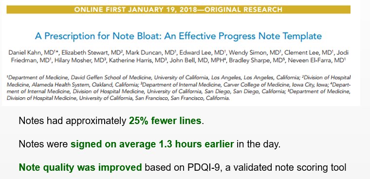 JDaleMD's tweet image. Most are past due for clinical documentation template redesign (in the EHR era) to combat note bloat and documentation inefficiency. Attached is 1 success story #notebloat