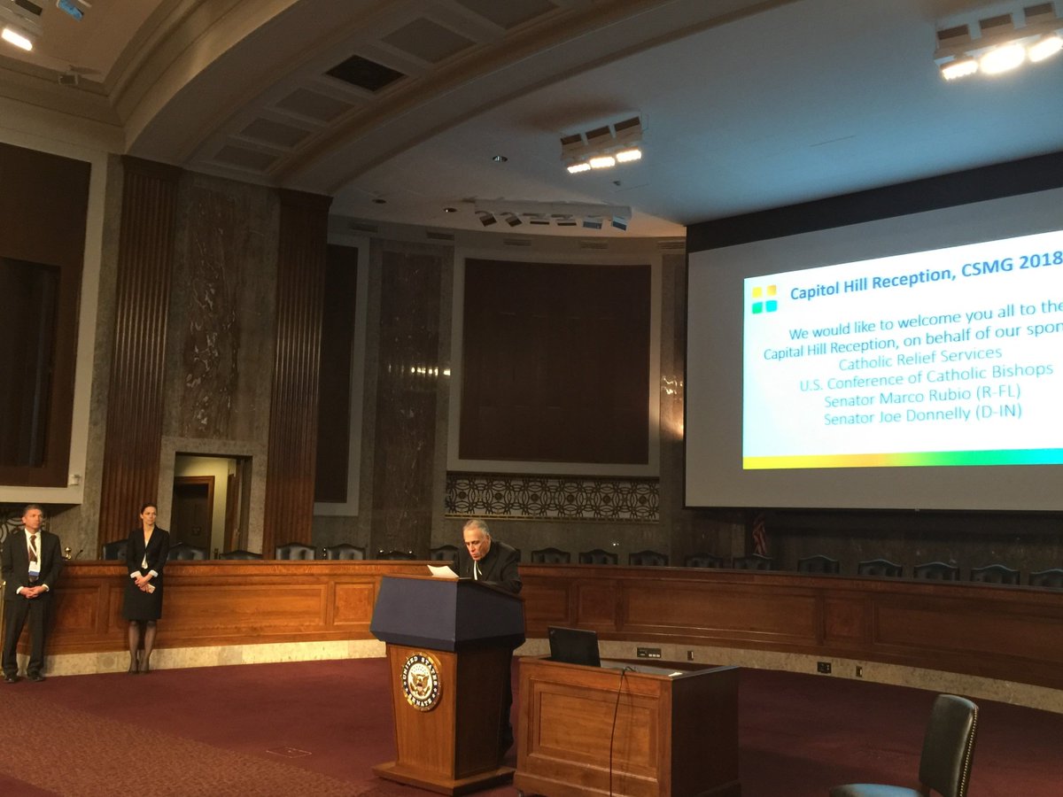 TXCatholic's tweet photo. TCCB staff met with legislators and their staff on Capitol Hill yesterday to discuss protection of int'l and domestic aid programs and to advocate for immigrants. Cardinal Daniel DiNardo celebrated Mass in the morning and spoke at the reception. Thank you Cardinal! #CSMG18 https://t.co/RPS7nmoKA8