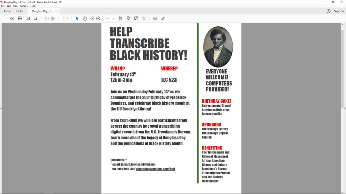 LIUBkLibrary's tweet photo. Join us as we commemorate the 200th birthday of Fredrick Douglass &amp; celebrate Black History Month by participating in a countrywide transcribing of digital records from the US Freedman’s Bureau! February 14th, 12pm-3pm LLC523. Birthday cake &amp; refreshments! 
#BlackHistoryMonth https://t.co/YTfDMZdAM2