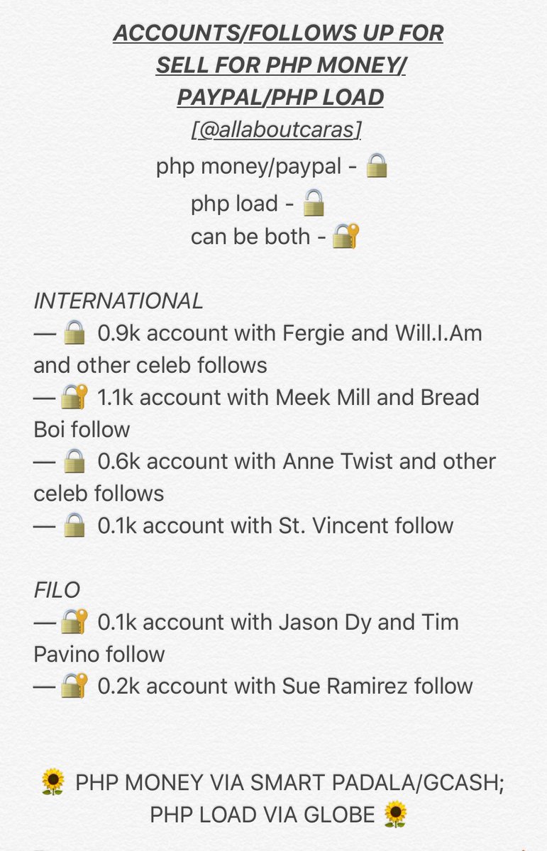 allaboutcaras's tweet photo. updated list of accounts/follows up for sell for php money/paypal/php load [02.08.17]

trading trade selling dms dm storage ffs access filo td acc accs rare cheap giveaway rt for a free follow globe smart sun gcash amazon ultra imp buy buying looking intl make up tags ig concert https://t.co/sEBTp3Nnet