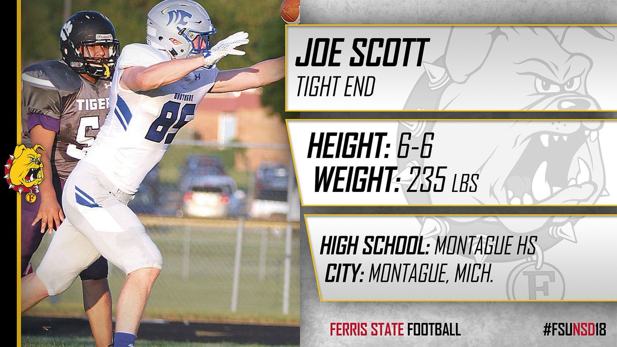FerrisFootball's tweet photo. A big welcome to the final member of our National Signing Day class, standout Montague TE Joe Scott! @J_Scott815 #FSUNSD18 https://t.co/DS8VlQcJzw