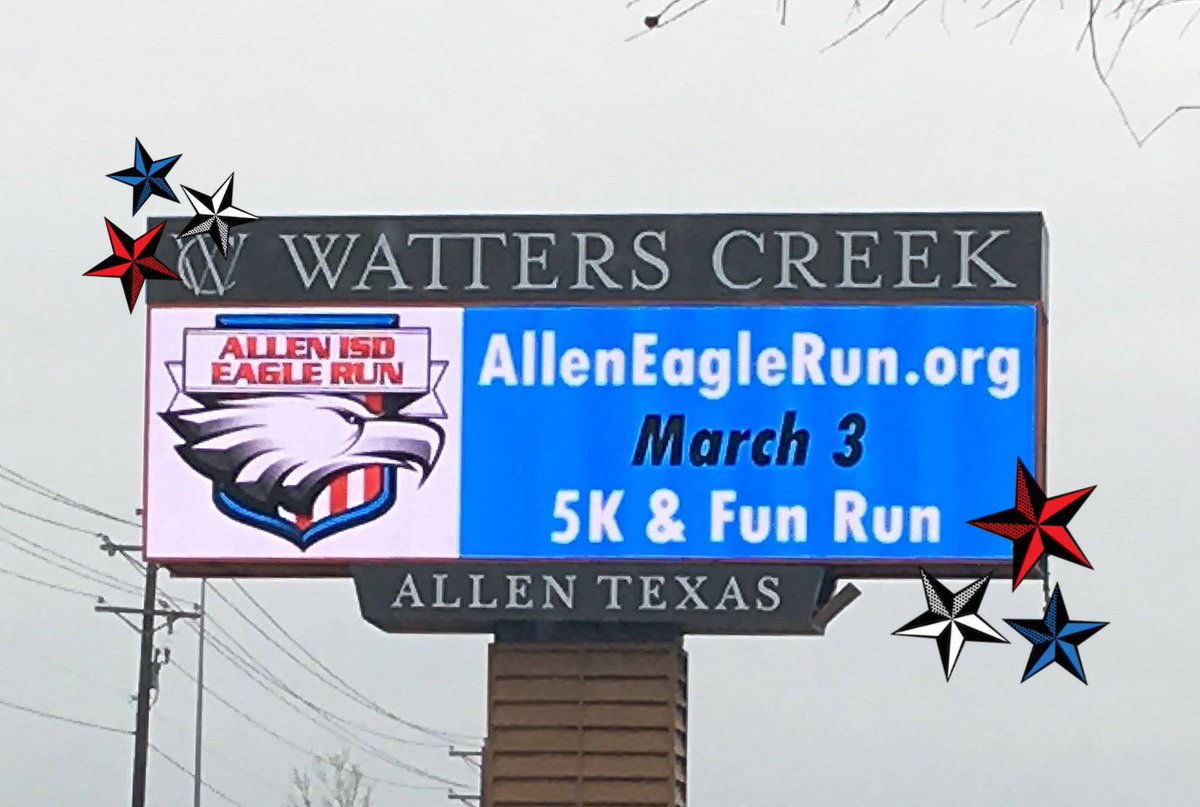 AllenEagleRun's tweet photo. A BIG thank you to @WattersCreek for helping us illuminate the message to register NOW! Their billboard is a great reminder to register by Feb 9th and save $5. #AllenEagleRun https://t.co/OUFjvG5QIn https://t.co/kRgfU3dWYK