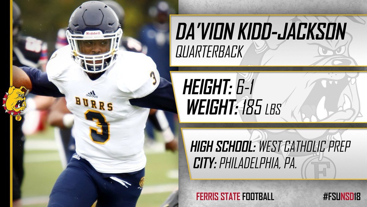 FerrisFootball's tweet photo. A huge Bulldog welcome to standout dual-threat QB Da'vion Kidd-Jackson from Philly! Congrats @DavionKJackson #FSUNSD18 https://t.co/TBPFmUZIHR