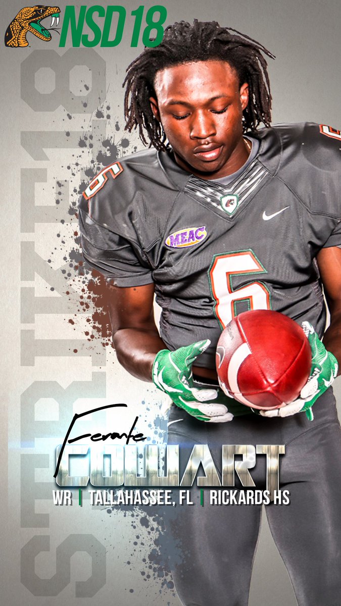 FAMUAthletics's tweet photo. The new #willenium starts now! Welcome Ferante Cowart to the Highest of Seven Hills. WR from Tallahassee, FL. #fangsup #nsd18 #strike18 #rattlernation #famu #famufootball #hbcu #famu2022 https://t.co/qbsjeeKe09