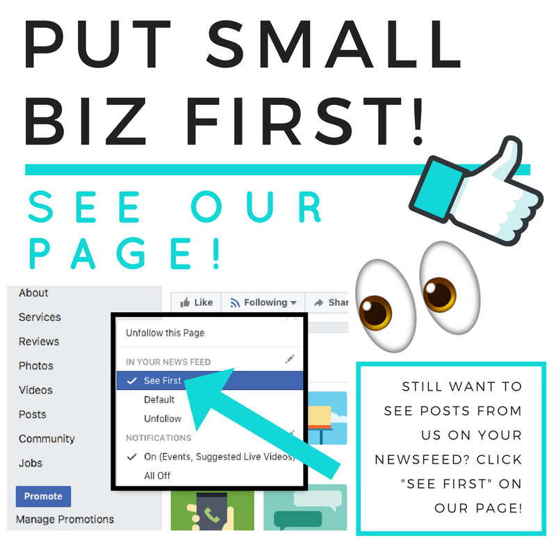 Have you heard about the #newsfeed changes coming to Facebook? Unfortunately, you may see less of our updates unless you choose to. Make sure to "see us first" and support #smallbiz!
