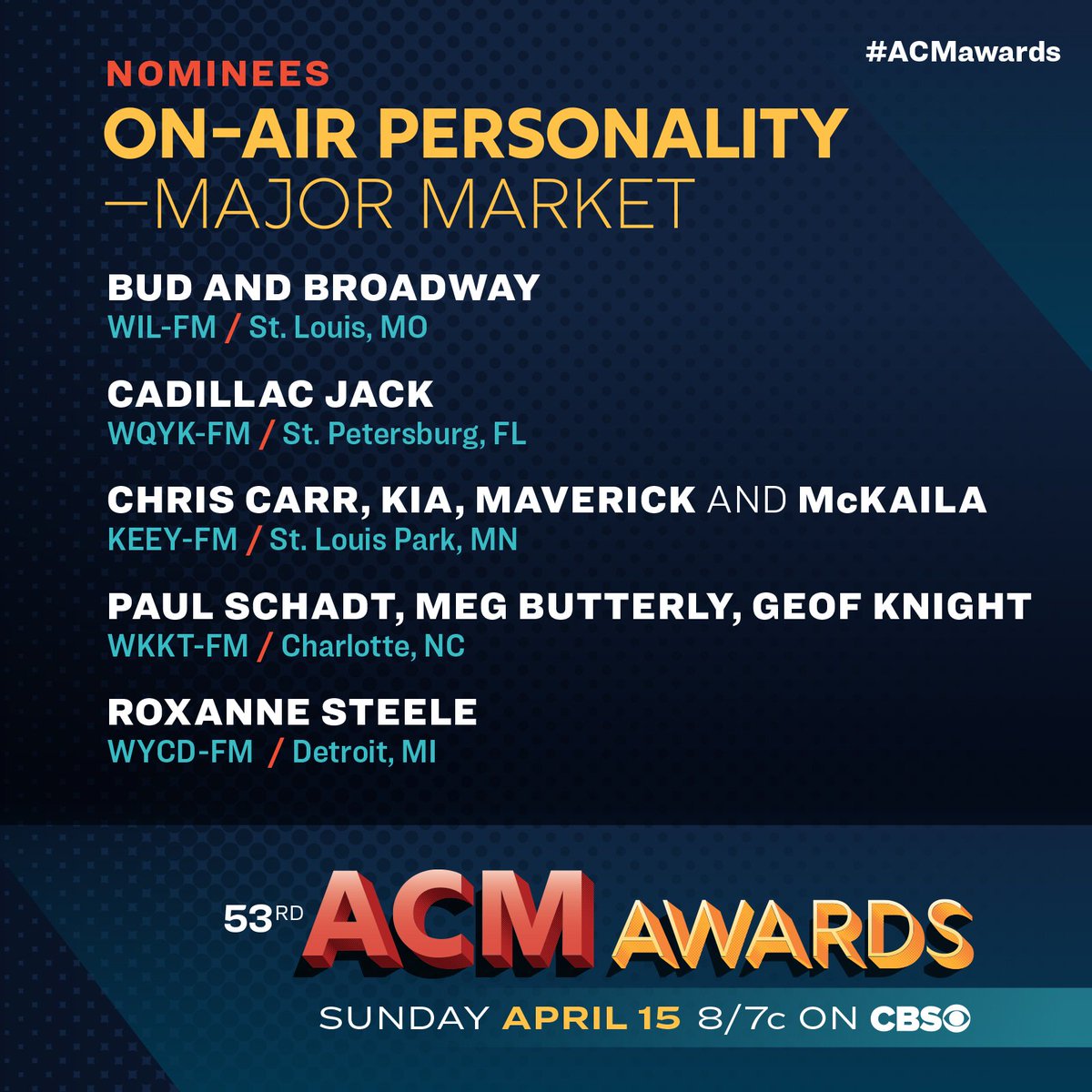 ACMawards's tweet image. Congrats to #ACMawards On-Air Personality Of The Year - Major Market nominees: