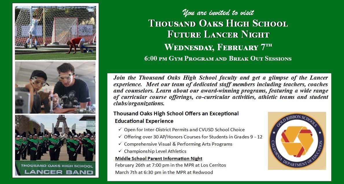 ThousandOaksHS's tweet image. New beginnings, new start, same Lancer spirit, same future-driven academics. Meet Principal Dr. Bergmann and learn what it means to be a student @ThousandOaksHS at Future Lancer Night tonight, February 7th, 6 pm. All prospective students/families are invited to attend.