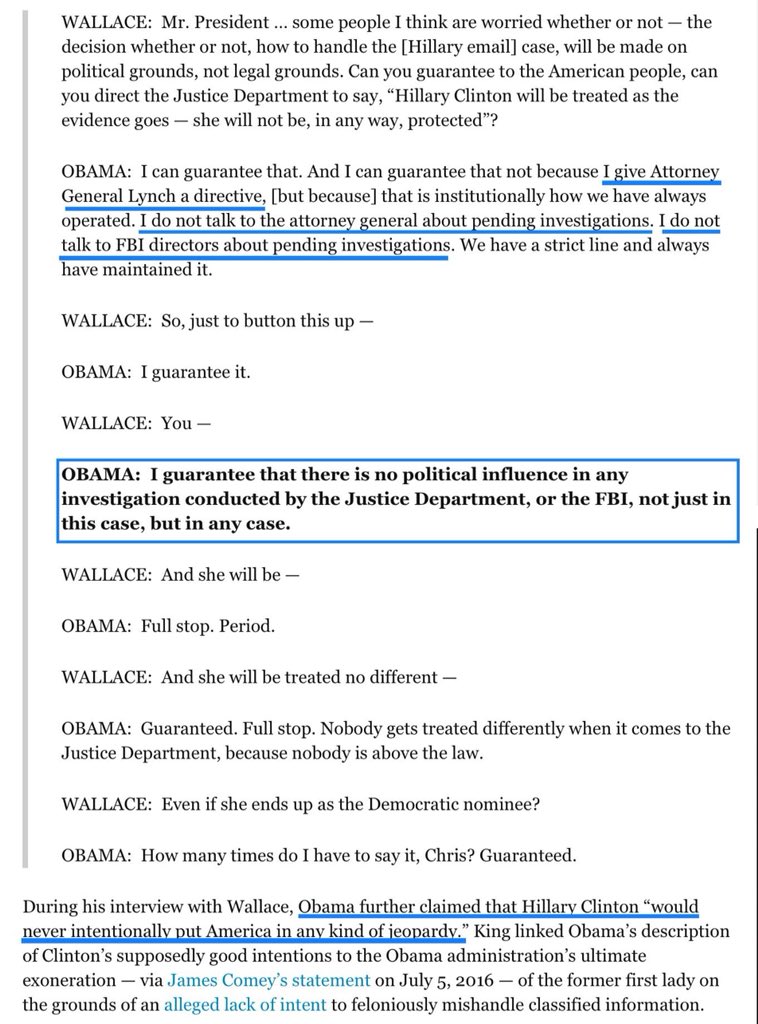 • Hillary Clinton “would never intentionally put America in any kind of jeopardy.”   http://www.foxnews.com/transcript/2016/04/10/exclusive-president-barack-obama-on-fox-news-sunday.html