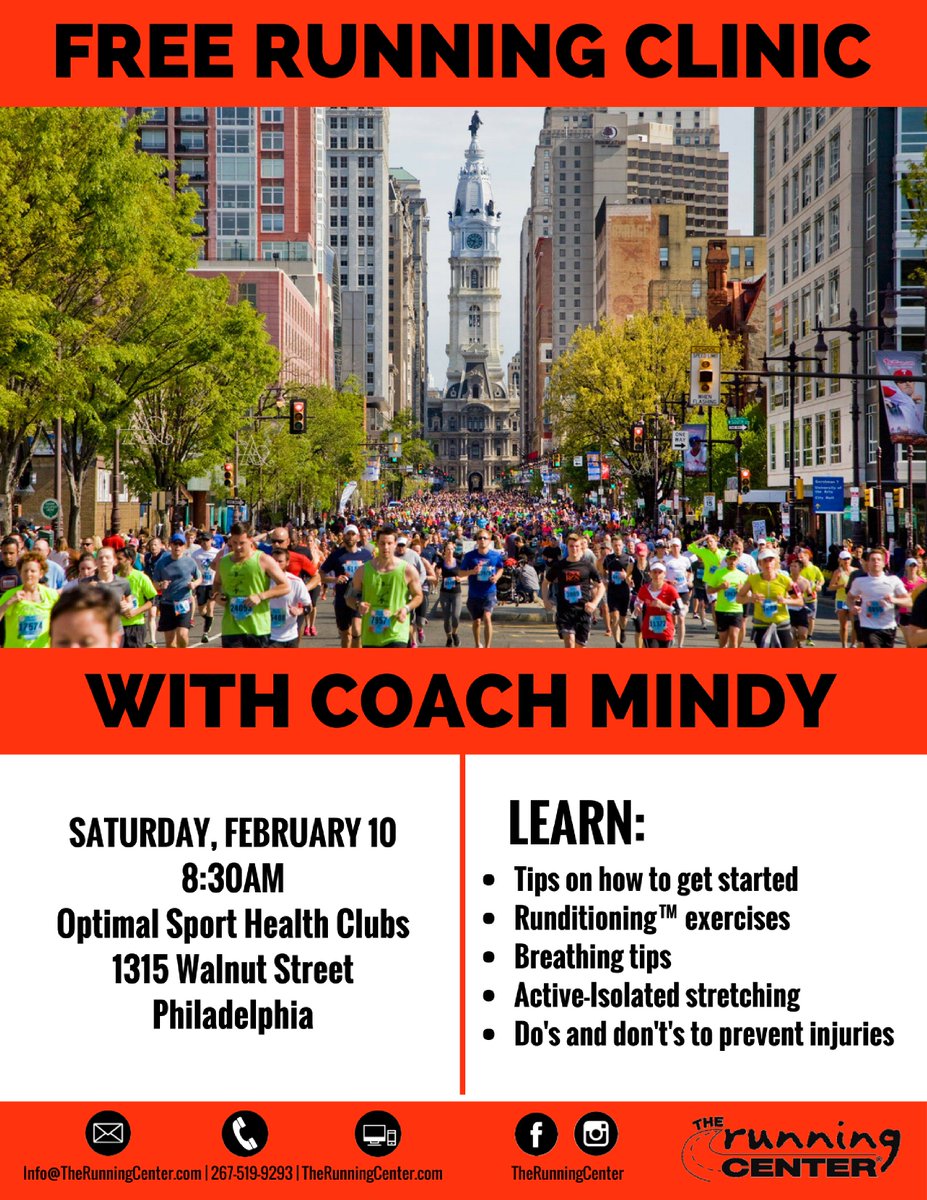 RunningCenter's tweet photo. FREE RUNNING CLINIC WITH THE RUNNING CENTER &amp; COACH MINDY, Sat, Feb 10, at 8:30am, at Optimal Sport Health Club, 1315 Walnut St, Phila. Tips on #breathing, #stretching, #injuryprevention. Learn #Runditioning exercises for best #runningform. #OptimalSport1315 https://t.co/DiOqZBMQ5B