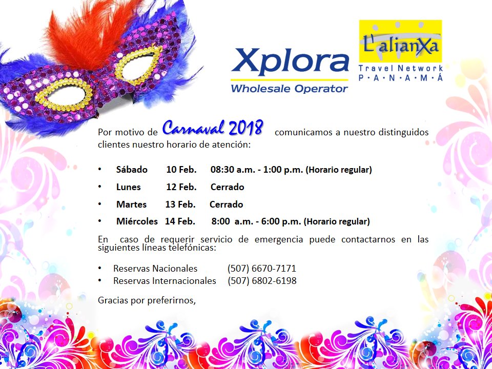 HORARIO DE CARNAVAL 2018 - XPLORA L'ALIANXA