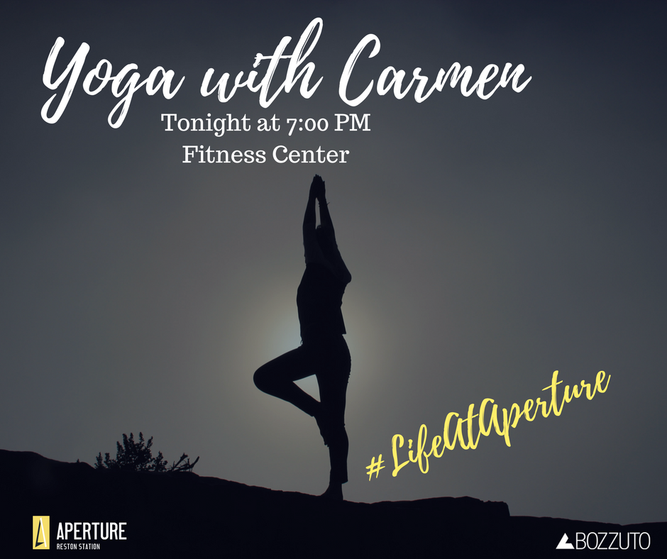 Apertureapts's tweet photo. Yoga with Carmen is back! If you missed out last month, now is your chance. Tonight at 7:00 pm #LifeAtAperture will include a yoga class in our fitness center. #BozzutoLiving https://t.co/qDKnEfUZkB