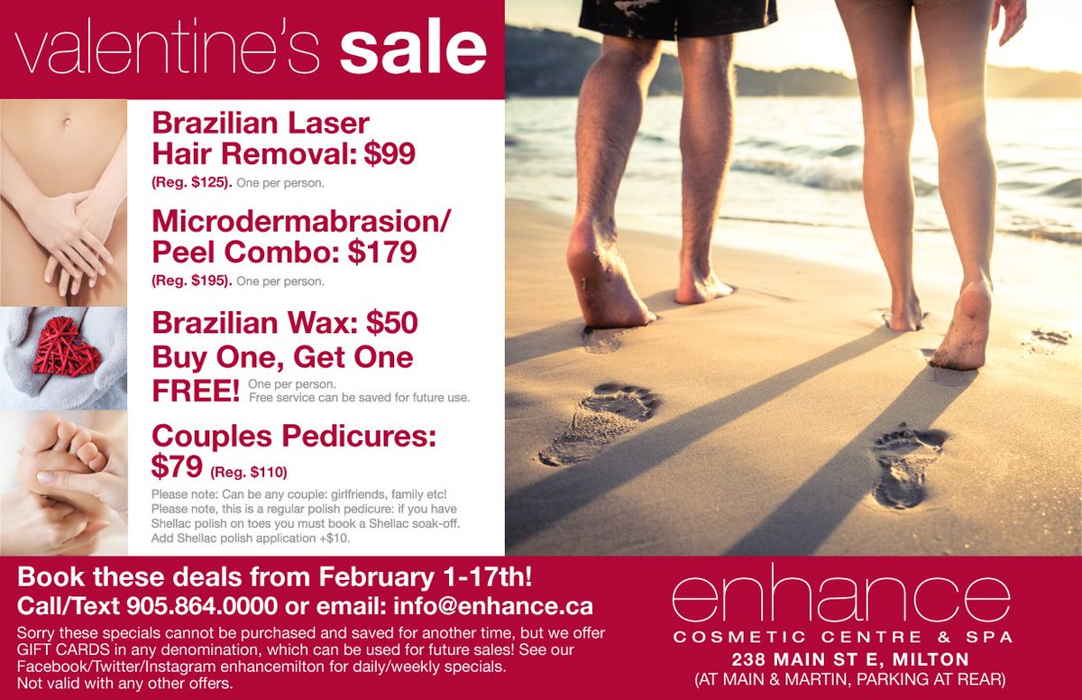 EnhanceMilton's tweet photo. Valentine’s Sale at Enhance Cosmetic Centre &amp; Spa
Book these deals from February 1-17th!
Call/Text 905.864.0000 or email info@enhance.ca
(Sorry these specials cannot be purchased/saved for another time, but we have GIFT CARDS in any denomination. Not valid with any other offers.) https://t.co/bgGw9JQ1Xu