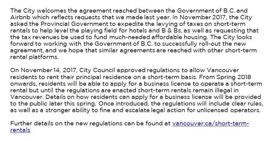 CityofVancouver's tweet image. The @CityofVancouver welcomes the agreement reached between the Government of B.C. and Airbnb. Learn more about the new regulations: ow.ly/58GE30igHn1