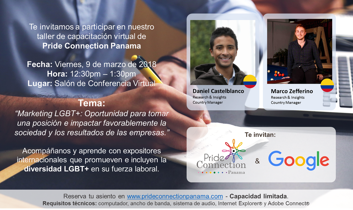 PrideConnectPA's tweet photo. Acompáñanos a nuestro primer taller virtual de #PrideConnectionPA cortesía de @ThinkGoogleLA sobre #Marketing #LGBT en Colombia. Aprende con expositores internacionales como replicar sus casos de éxitos en tu empresa. – Reserva tu Webcast Access AQUÍ https://t.co/BLWoIpaLeN https://t.co/j8Q2wmq7ff