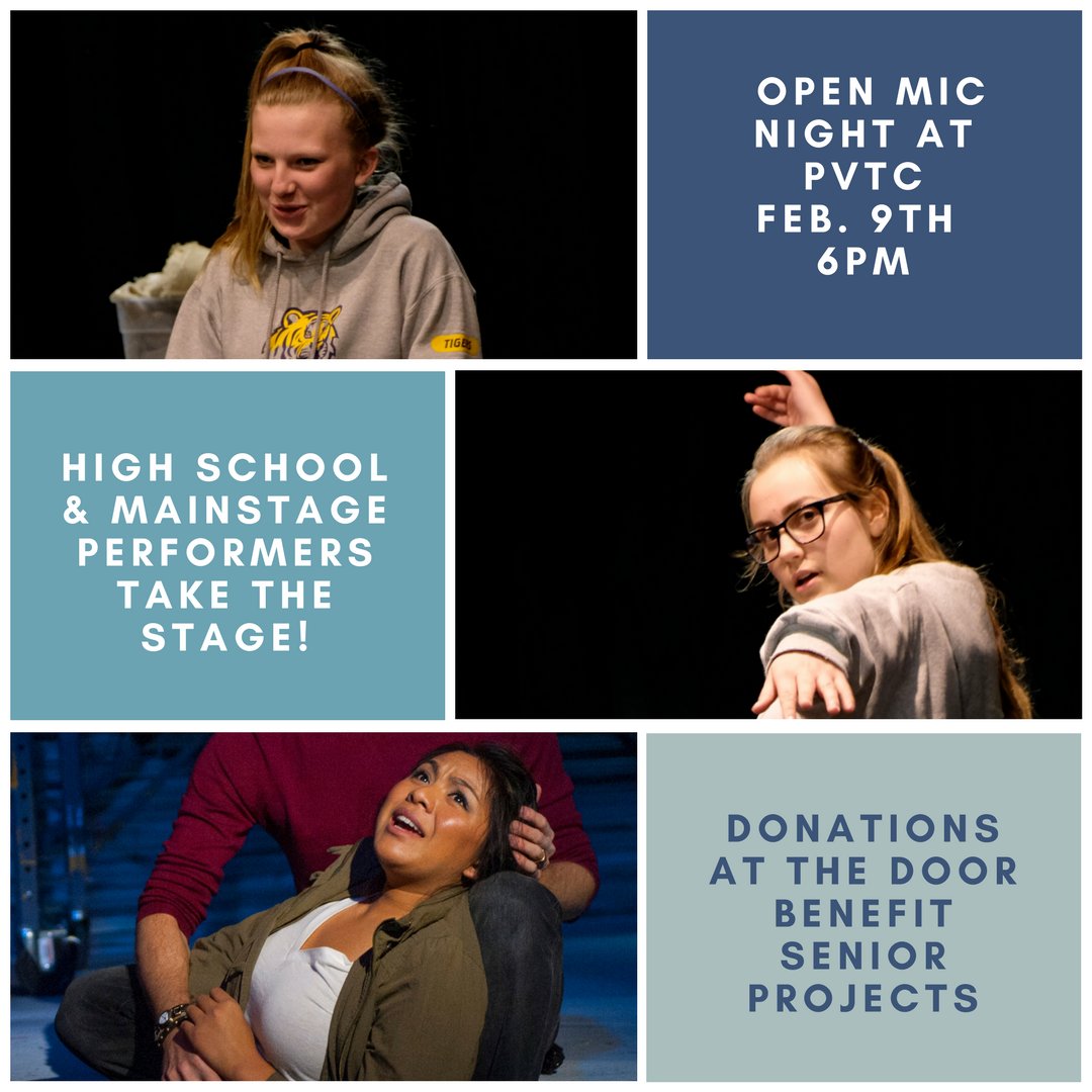 pvtc_ca's tweet image. We’re so excited for this Friday’s OPEN MIC NIGHT! Songs and scenes from past shows will grace our stage again as well as a few new ones! Join us on Friday night at 6pm! #pvtcOpenMicNight #pvtchstroupe #seniorprojects
