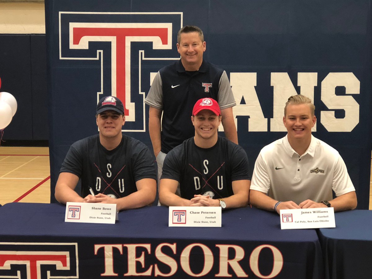 TesoroFootball's tweet image. Congrats to Titans @shane_bowe72 &amp;amp; @Chasepetersen12 going to @dixiestate_fb and @james23williams going on to @calpolyfootball