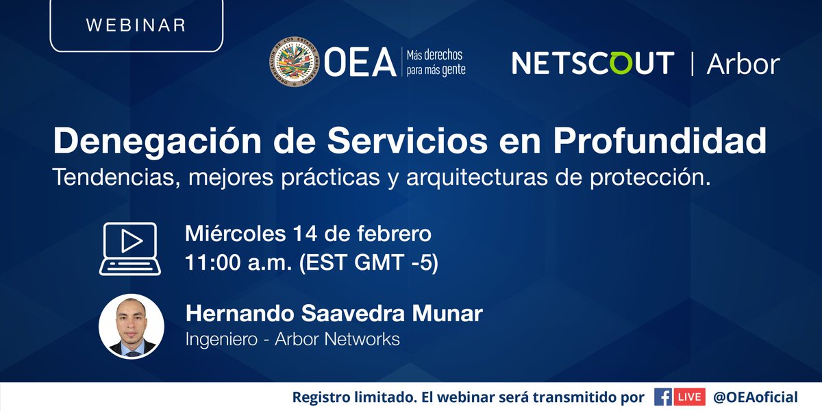 OEA_Cyber's tweet photo. ¿Aún no estás inscrito? Todavía estás a tiempo para participar en nuestro #WebinarOEA "Denegación de Servicios en Profundidad" junto a @arbornetworks #Ciberseguridad #DDoS 👩‍💻👨‍💻
🗓️ Miércoles 14 de febrero a las 11:00 am
Inscríbete aquí ➡️ https://t.co/PBWg1yIY5Q https://t.co/GnyOQLnjyQ