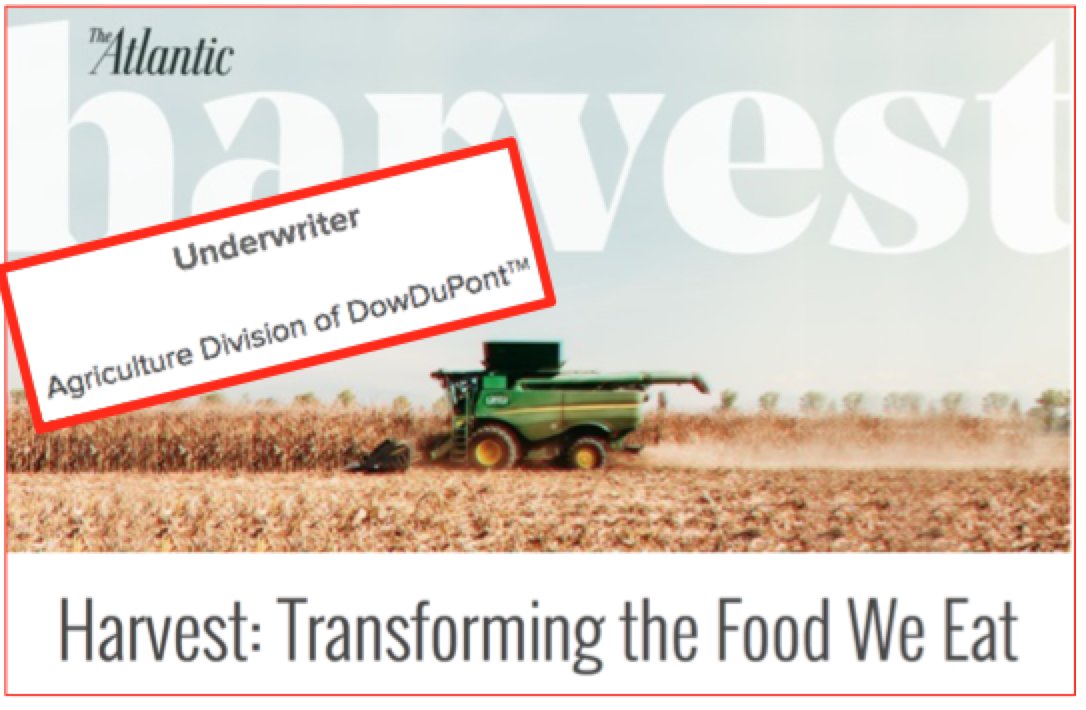 StacyMalkan's tweet photo. "Transforming food" with DowDuPont: Just wondering if @TheAtlantic would host a "transforming #health" event with Phillip Morris or a "transforming #climate" event with ExxonMobile? #pesticides #GMOs https://t.co/IB1fgXJMNq