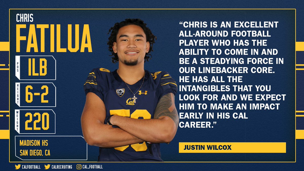 CalFootball's tweet photo. An all-around football player.
Yesterday, @chrisfatilua43 officially joined the #CalFamily18 https://t.co/ODMFltNoou
