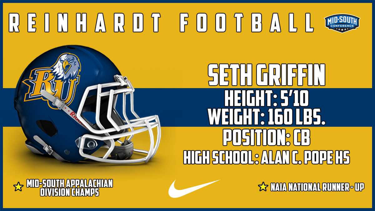ReinhardtFB's tweet photo. Seth is a talented cornerback from Pope High School. As a senior he recorded 9 pass break-ups, 2 fumble recoveries, 31 tackles, and 2 TFL. He is an exciting addition to the already stout Reinhardt Defense. #RUCommitted18 #PAYthePRICE #NSD18 @Coach_JMiller @Sethgriffin830 https://t.co/RHW98IhMPQ