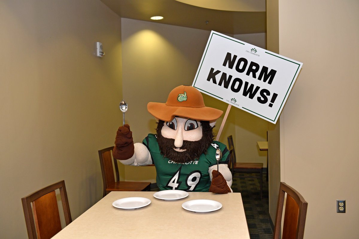 UNCCsustain's tweet photo. Norm knows that a great way to reduce waste is to not create it in the first place! Norm took only what he could eat, finished his plate, and ended up throwing away zero food. #NormKnows #UNCC #RecycleMania https://t.co/S8Hg3cC48t