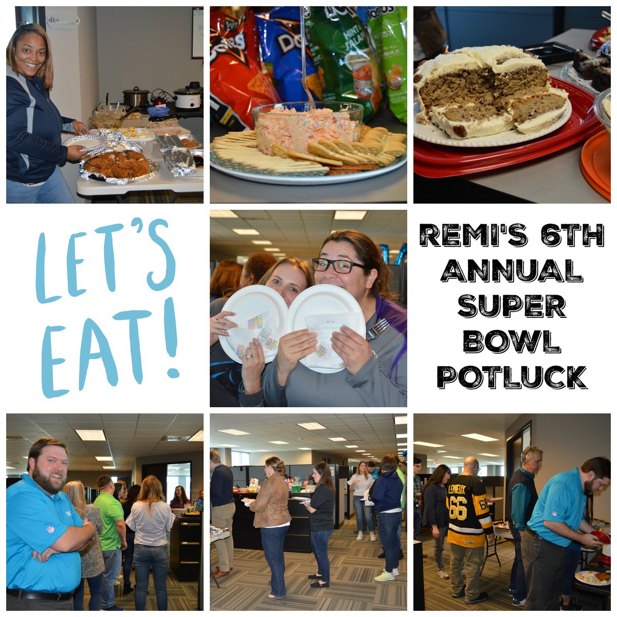 TheRemiGroup's tweet photo. Another successful potluck at Remi! If you know us, you know we love to eat and don't need much of an excuse to throw a party at the HQ office. #superbowl52 #welovetoeat #funatwork #ouremployeesrock #LifeatRemiHQ https://t.co/CmJ7NZd8Gl