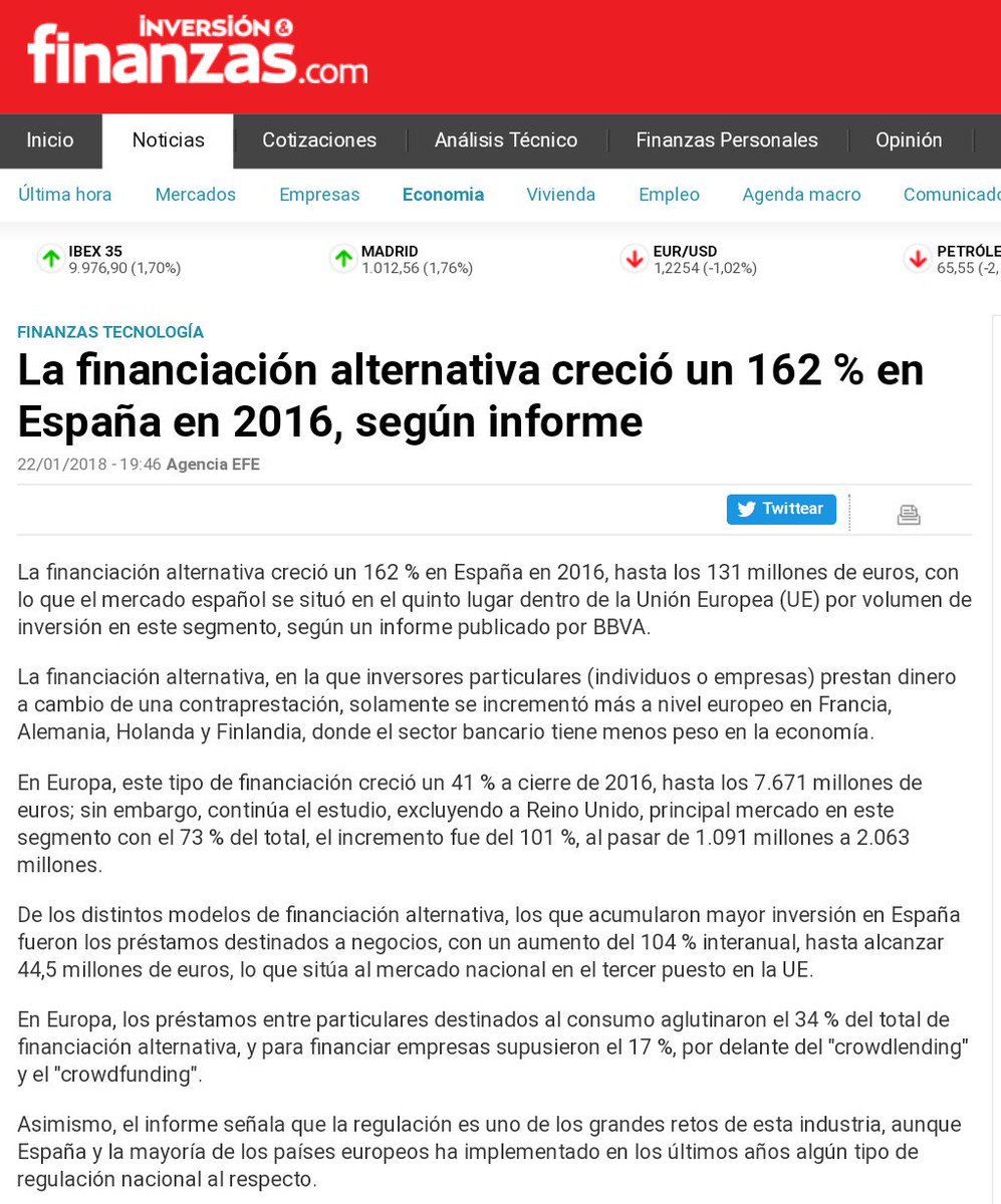 Buenas notícias:
"La financiación alternativa creció un 162 % en España en 2016" según <a href="/finanzascom/">finanzas.com</a> #crowdlending #Crowdfunding #startups #Fintech finanzas.com/noticias/econo…