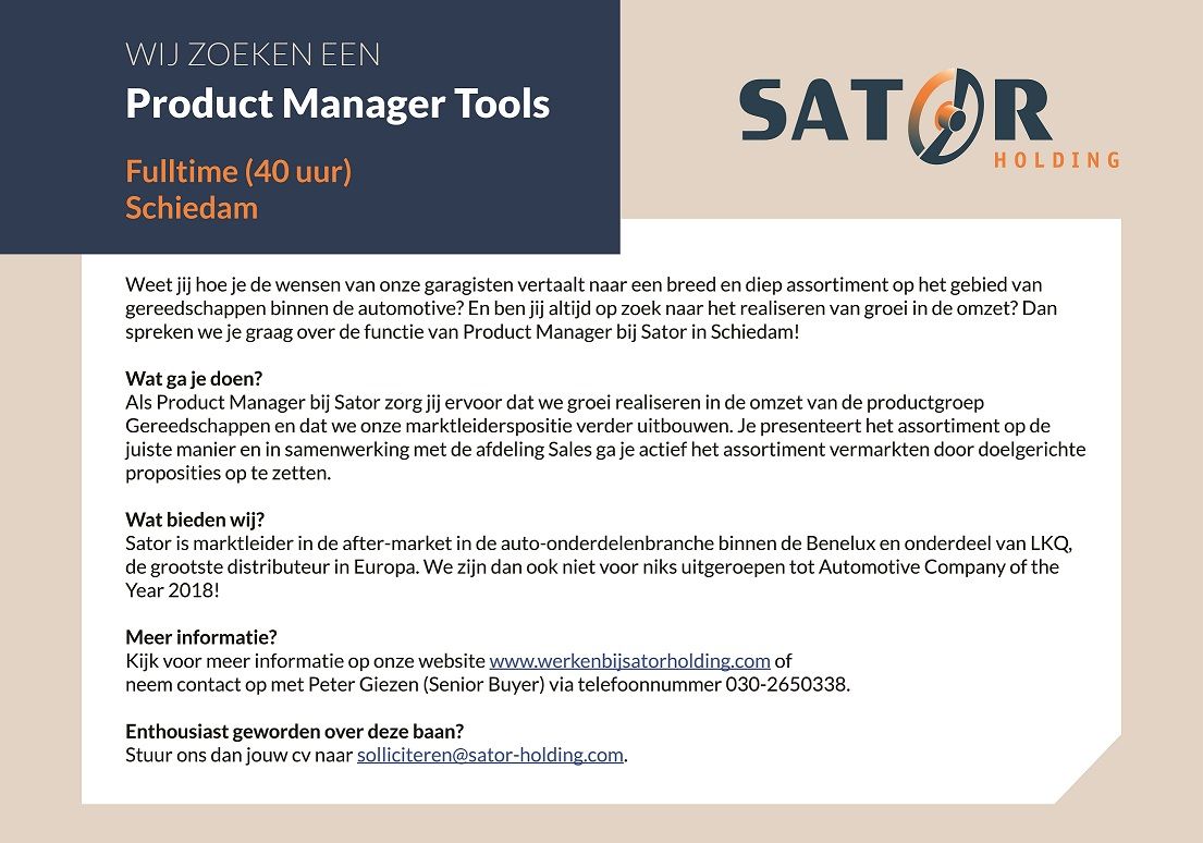 mixprobanen's tweet photo. Sator zoekt een Product Manager Tools #sator #satorholding   https://t.co/yUfeiyFmIl https://t.co/ZnEU9SuZRN
