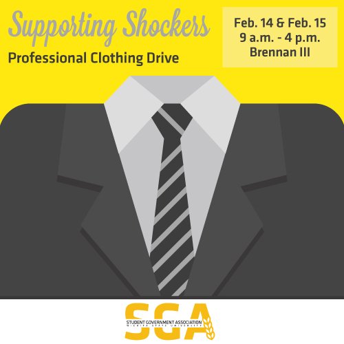 In one week the Supporting Shockers Professional Clothing Drive will be going on! Don't forget to head over to Brennan III to check it out! <a href="/WichitaStateSGA/">Wichita State Student Government Association</a> 
ow.ly/umVC30i9lER