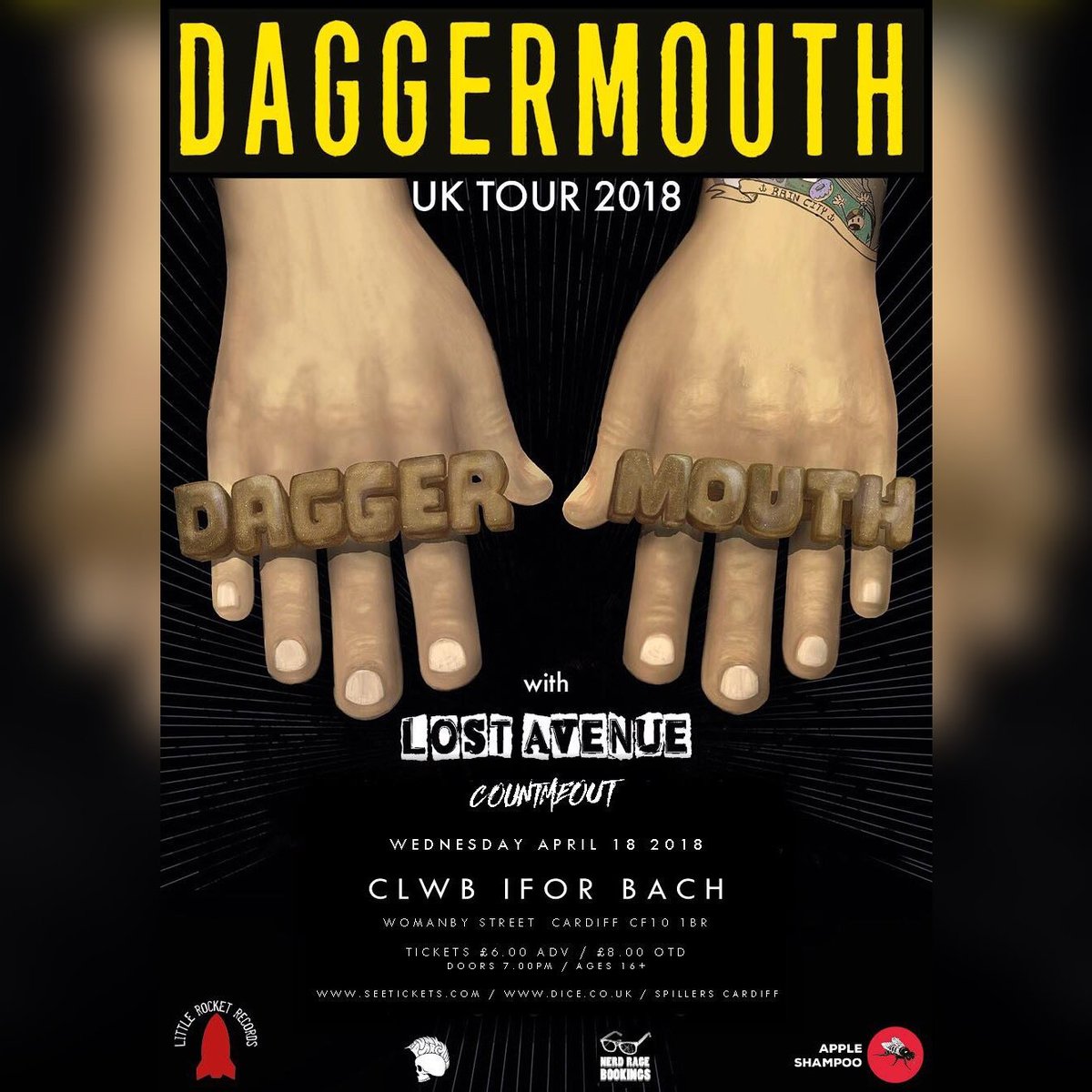 COUNTMEOUTUK's tweet photo. Cheeky little surprise whilst you're waiting for the single to drop on Friday (5pm don't miss it) we're stoked to tell you that we'll be supporting the sick Daggermouth on April 18th at Clwb Ifor Bach.

 Come party with us! 

EVENT AND TICKET LINKS ON OUR FACEBOOK https://t.co/HttFtdMZvF