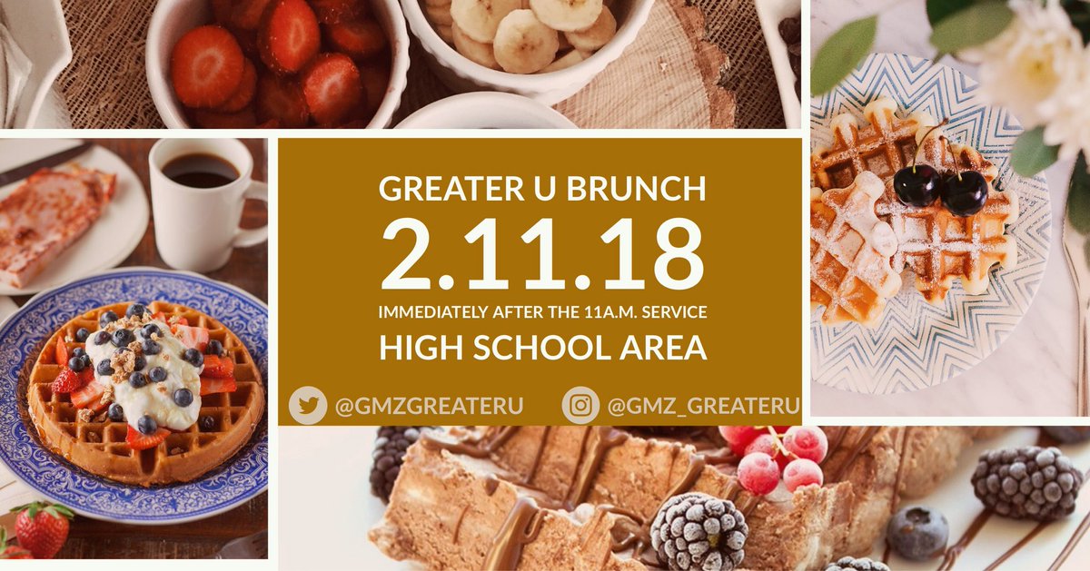 GMZGreaterU's tweet photo. This weekend, we want to treat you to BRUNCH! Join us upstairs in the High School area (Rm. 254) for a gathering filled with friends, food and fellowship THIS Sunday, immediately following the 11AM worship service! #LetsHang #SundayBrunch #BringAFriend https://t.co/d2yrFdrN3o