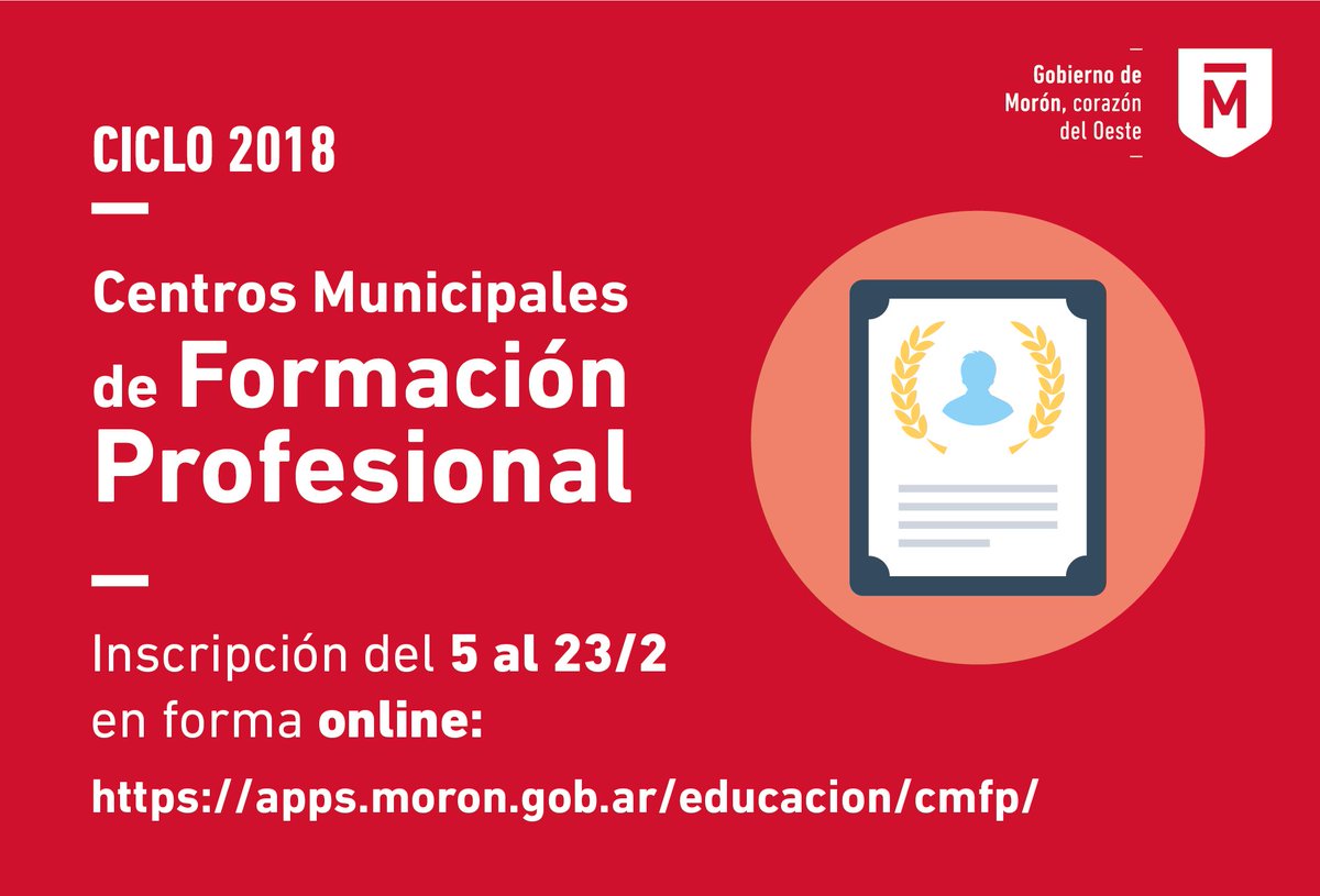 Abierta la inscripción para estudiar en los Centros Municipales de Formación Profesional. Los cursos cuentan con certificaciones oficiales y son gratuitos. Inscribite en: apps.moron.gob.ar/educacion/cmfp/