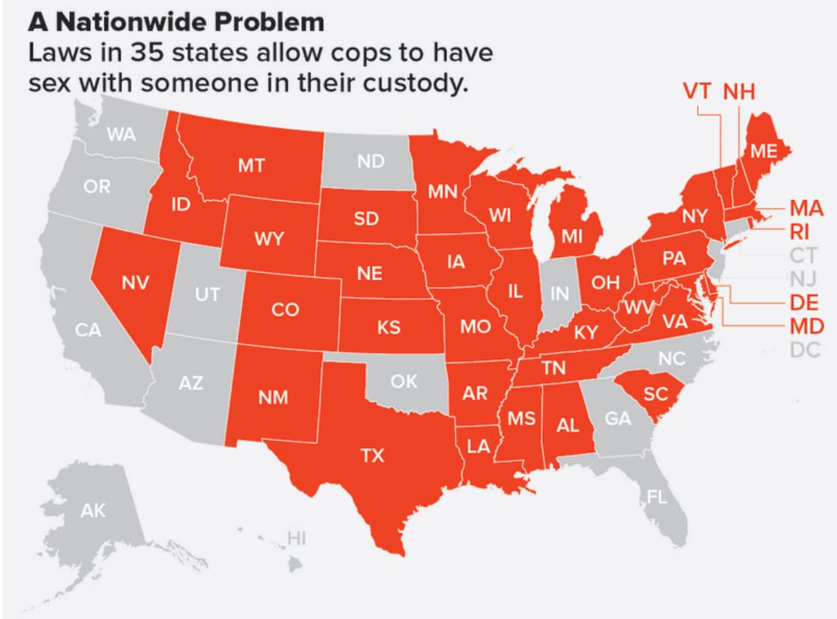 LeftSentThis's tweet image. Laws in 35 states allow cops to have sex with someone in their custody.