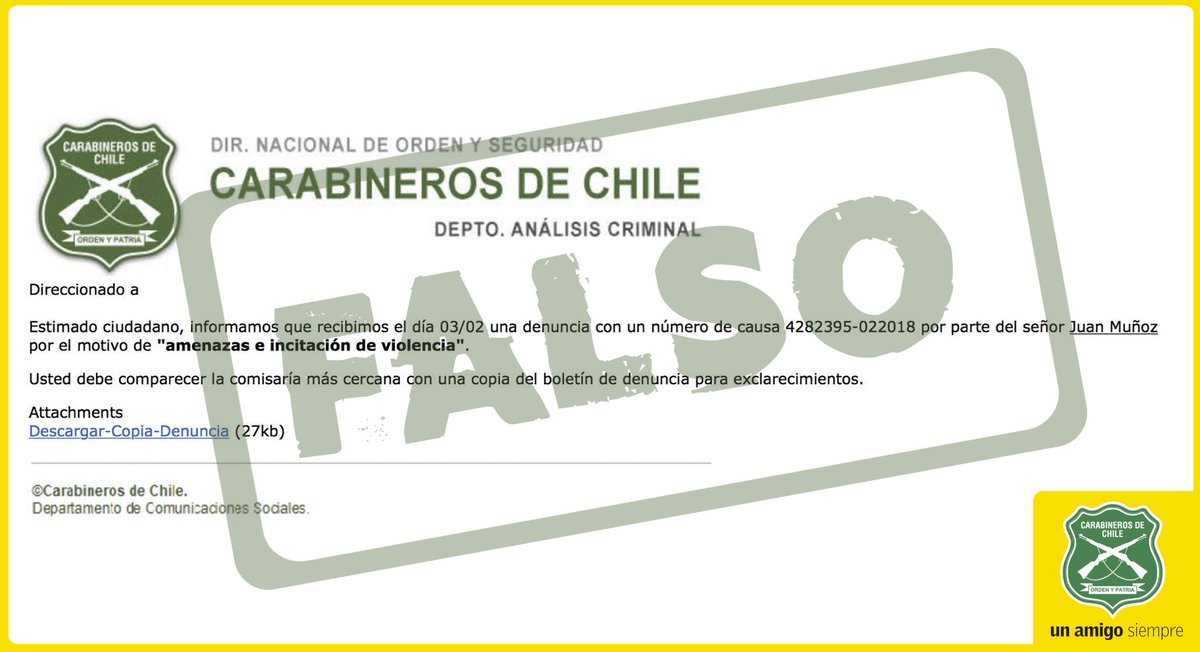 Carabdechile's tweet photo. 🔴PRECAUCIÓN: Carabineros de Chile no realiza ningún tipo de citación usando correos electrónicos como este!! Para nosotros su seguridad es importante https://t.co/FuRuktxgOT