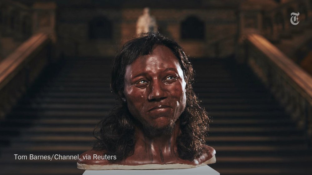 nytimesworld's tweet photo. Britain's oldest skeleton (about 10,000 years old) had dark skin. Scientists have found that Europeans only became white less than 6,000 years ago. https://t.co/evQtwn5i7s https://t.co/wkQNpyAIhW