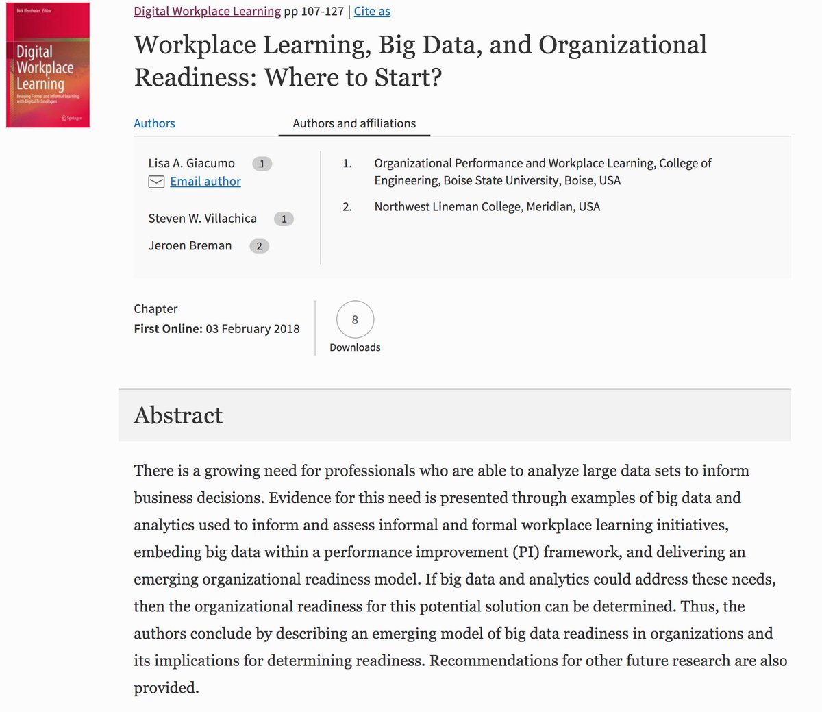 jeroen69's tweet photo. Yay, book chapter published! Workplace Learning, Big Data, and Organizational Readiness: Where to Start? Thanks @Giacumo and @svillach for the collaboration :-) #BigData #Humanperformanceimprovement #Readiness https://t.co/nBtCHum0Ti