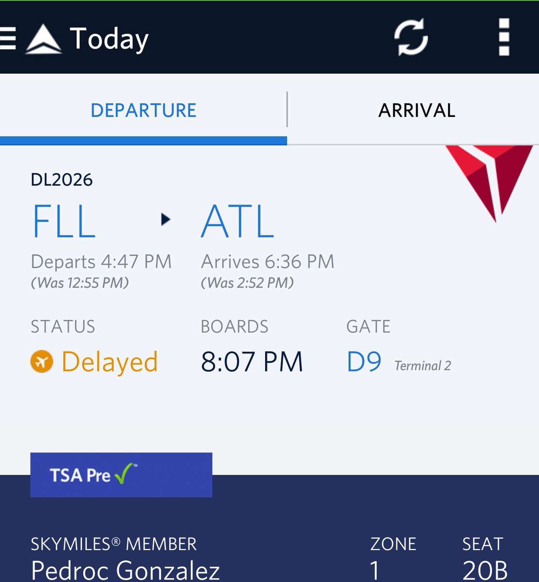 PCGPGonza02's tweet photo. OK @Delta , at what time does this flight actually leave, I get 12:55 no longer an option, but is 4:45 or 8:07? https://t.co/s8vTd76WVE