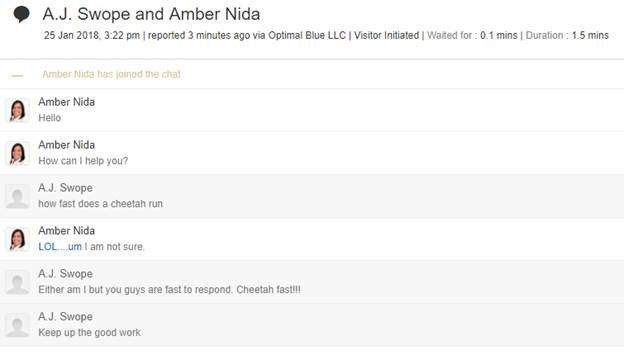 OptimalBlue's tweet image. When clients have a great sense of humor when using #chat support! #CheetahFast