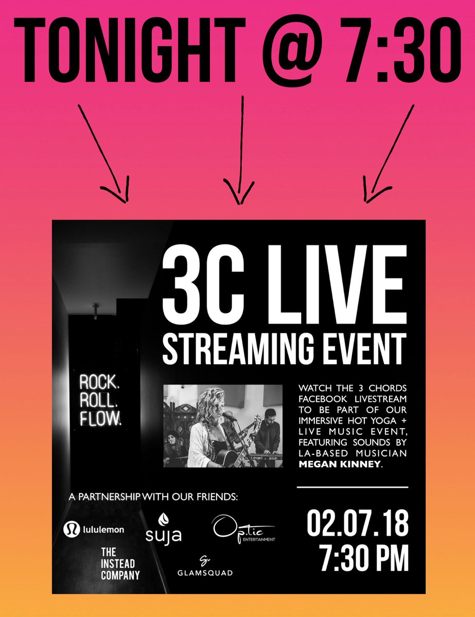 3CHORDSSTUDIO's tweet photo. Join us on our Facebook livestream TONIGHT at 7:30! Our next #3CLive event is going to be bonkers!

Thanks to our friends who are helping to make it all happen: #MeganKinney ||| @lululemonLA ||| @SujaJuice  ||| @InsteadCompany ||| @GlamSquad lll #OpticEntertainment https://t.co/7DYfu2wYEw