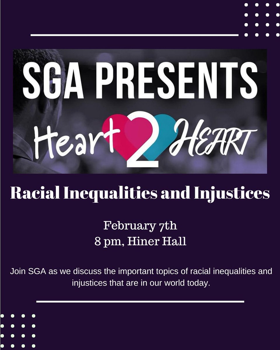 SGAHuntington's tweet photo. Heart to Heart is happening TONIGHT starting at 8pm in Hiner Hall! Join us as we tackle the issue of racial inequalities and injustices that affect our brothers and sisters everyday. https://t.co/GTrHyt7pH7