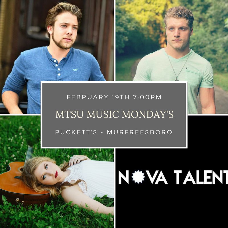 Rahsaan_96's tweet photo. Nova Talent is proud to announce our very first "MTSU Music Monday's" at Puckett's in Murfreesboro! Students who present their Student ID's get 10% off their meal! Come enjoy great food and great music with Lindsay Will, Luke Klingensmith and many more! 🎤🎸 https://t.co/uVpOX212Dk